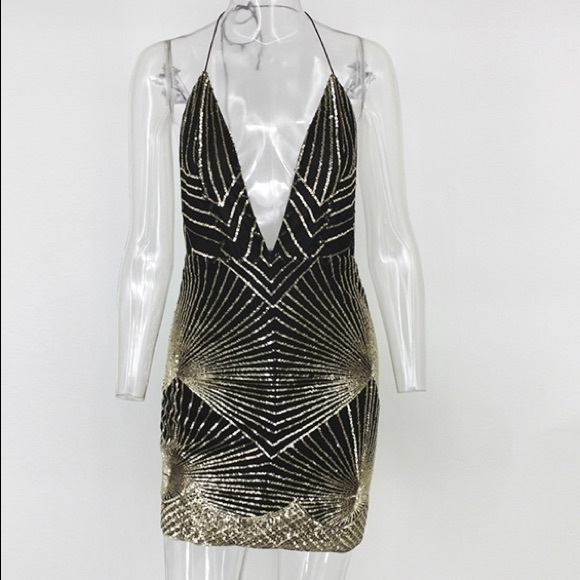 Black & Gold Sparking Sequin Cocktail Club Dress - Picture 4 of 8